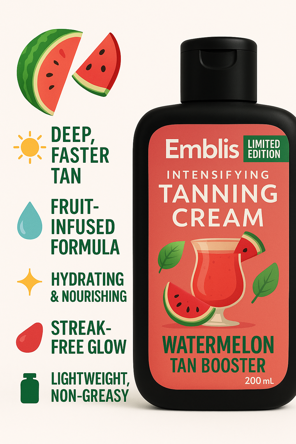 Emblis Watermelon Tan Booster – Intensifying Tanning Cream (200ml)